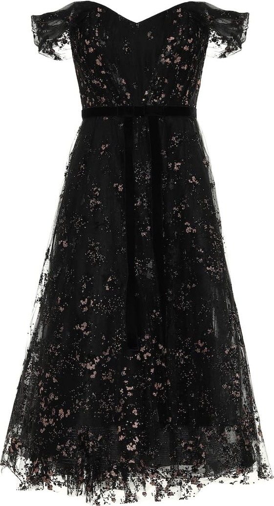 Marchesa Notte Off-the-shoulder lace midi dress