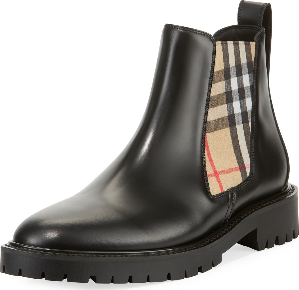 Burberry London England Allostock Leather/Check Gored Booties