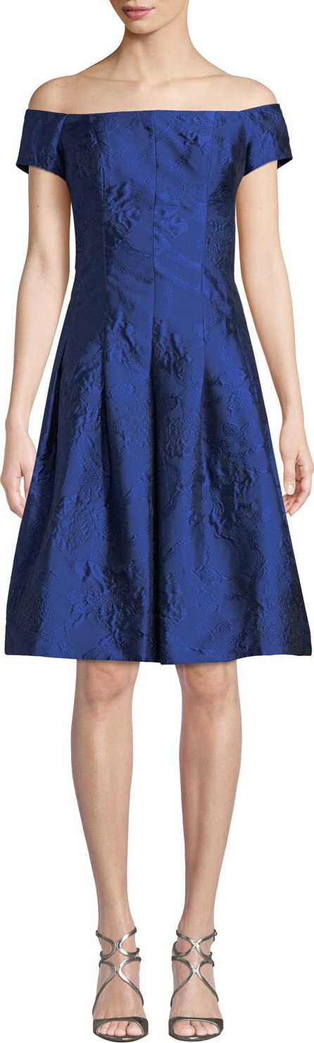 Rickie Freeman for Teri Jon Off-the-Shoulder Cloque Jacquard Cocktail Dress
