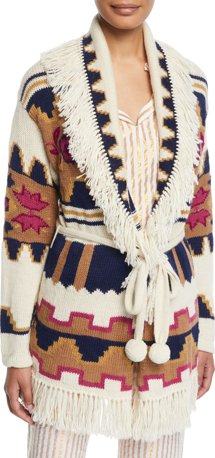 FIGUE Tala Chunky Intarsia Fringe-Trim Belted Cardigan