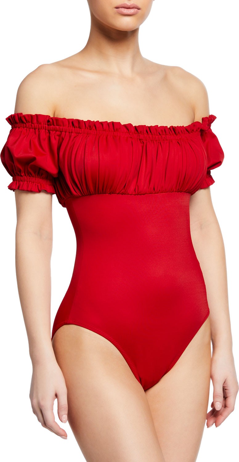 Norma Kamali Jose Shirred Off-Shoulder One-Piece Swimsuit