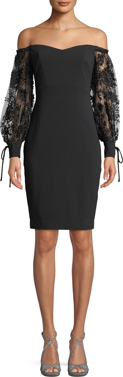 Badgley Mischka Off-the-Shoulder Dress w/ 3D Embroidered Sleeves