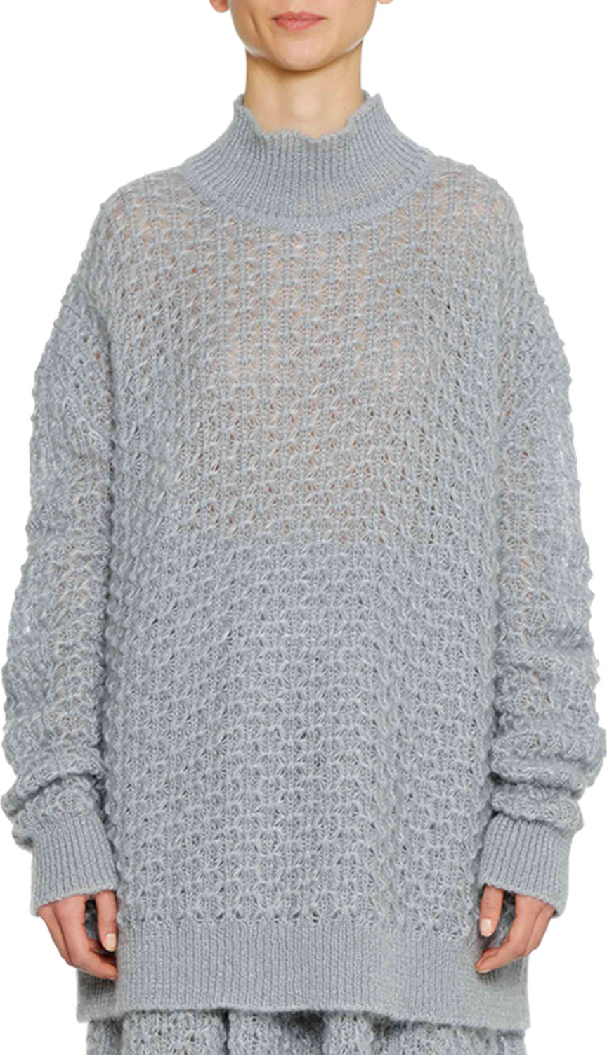 Jil Sander Turtleneck Long-Sleeve Open-Weave Oversized Mohair-Silk Sweater