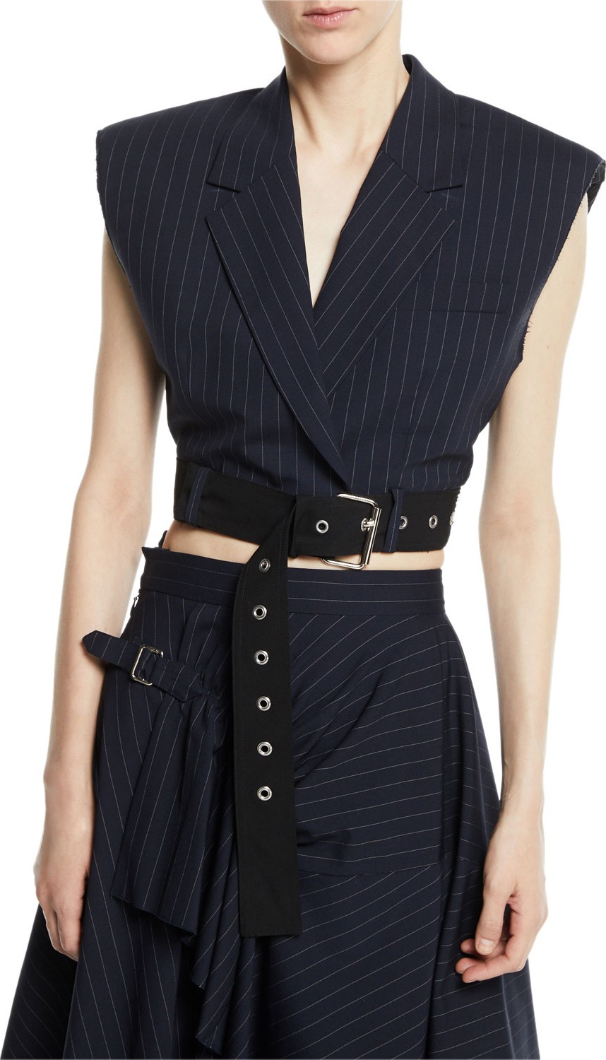 3.1 Phillip Lim Cropped Pinstripe Vest with Sculpted Shoulders & Belt 3.1 Phillip Lim Cropped Pinstripe Vest with Sculpted Shoulders & Belt