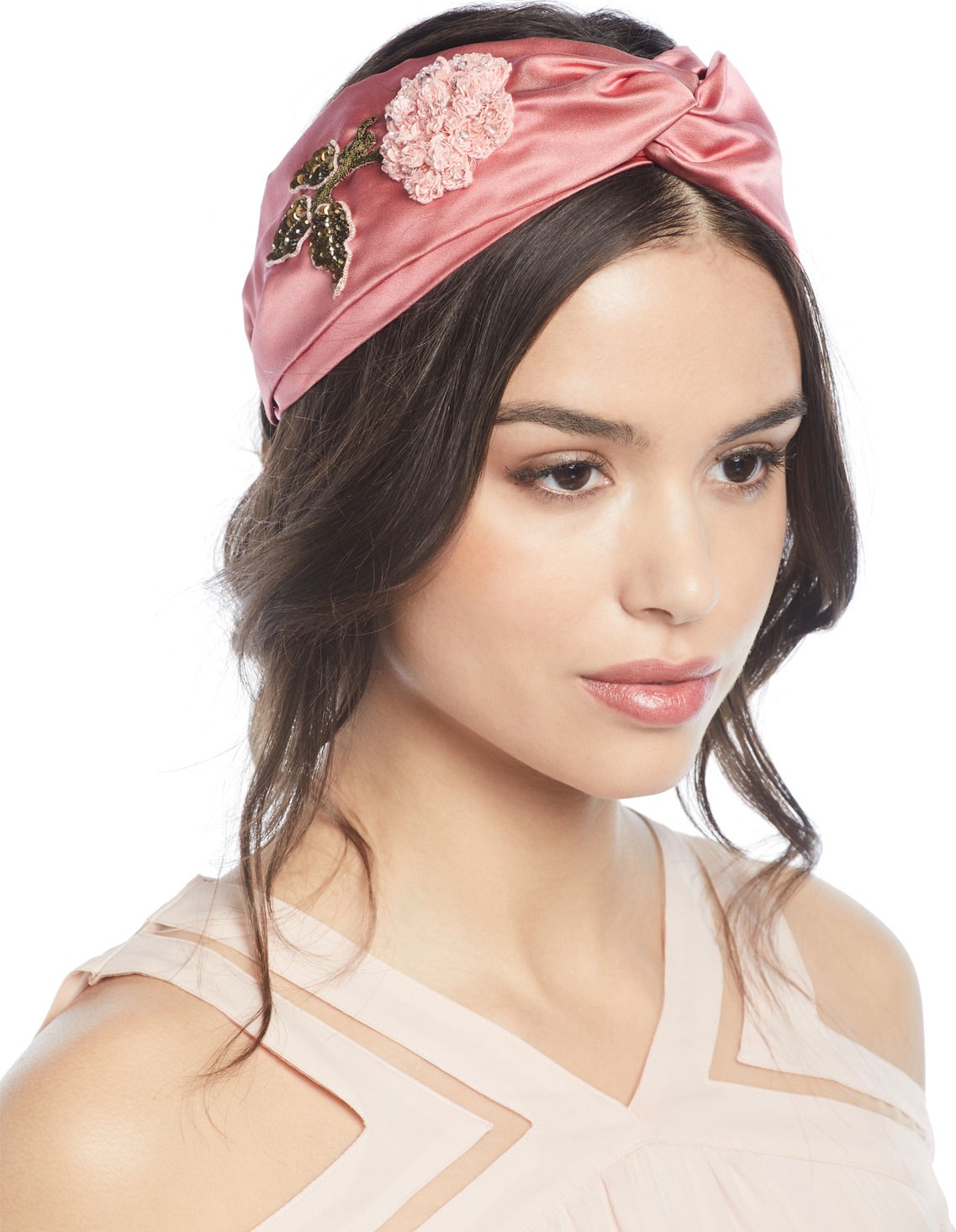 Jennifer Behr Silk Turban Head Wrap w/ Beaded Flower Embroidery