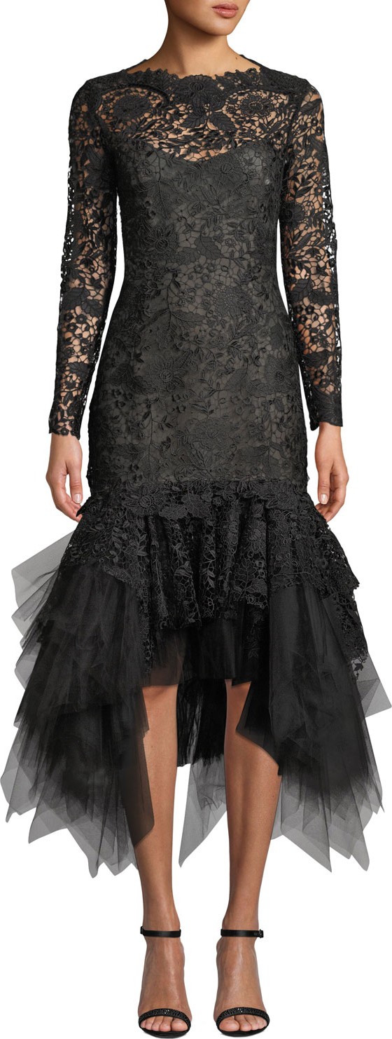 Oscar De La Renta Floral Lace Illusion Tulle-Flounce Dress
