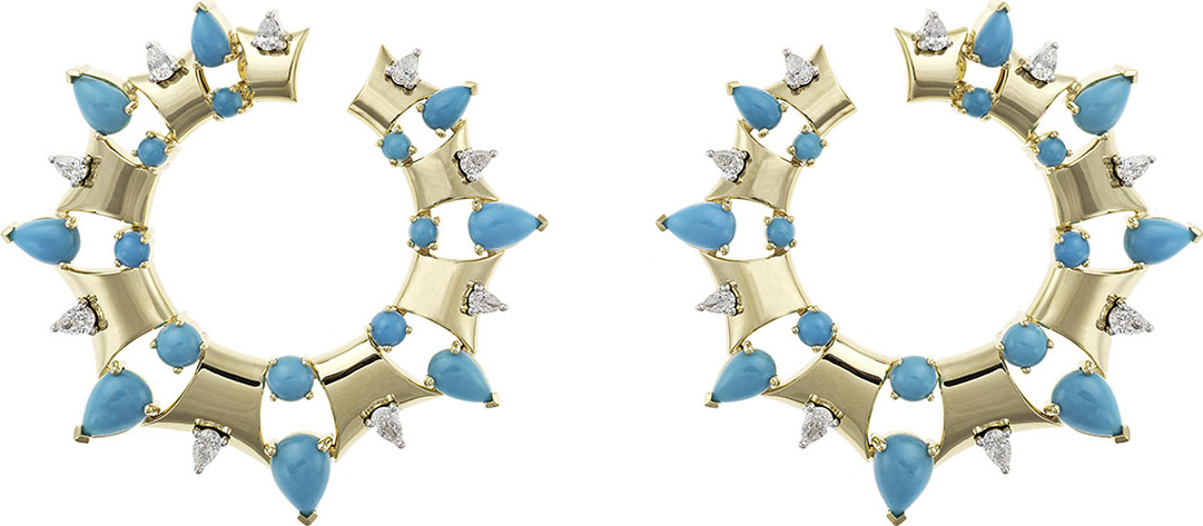 Nikos Koulis Spectrum 18k Gold Turquoise & Diamond Hoop Earrings
