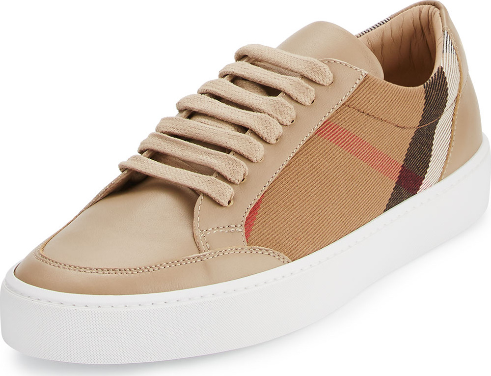 Burberry London England Salmond Check & Leather Low-Top Sneakers