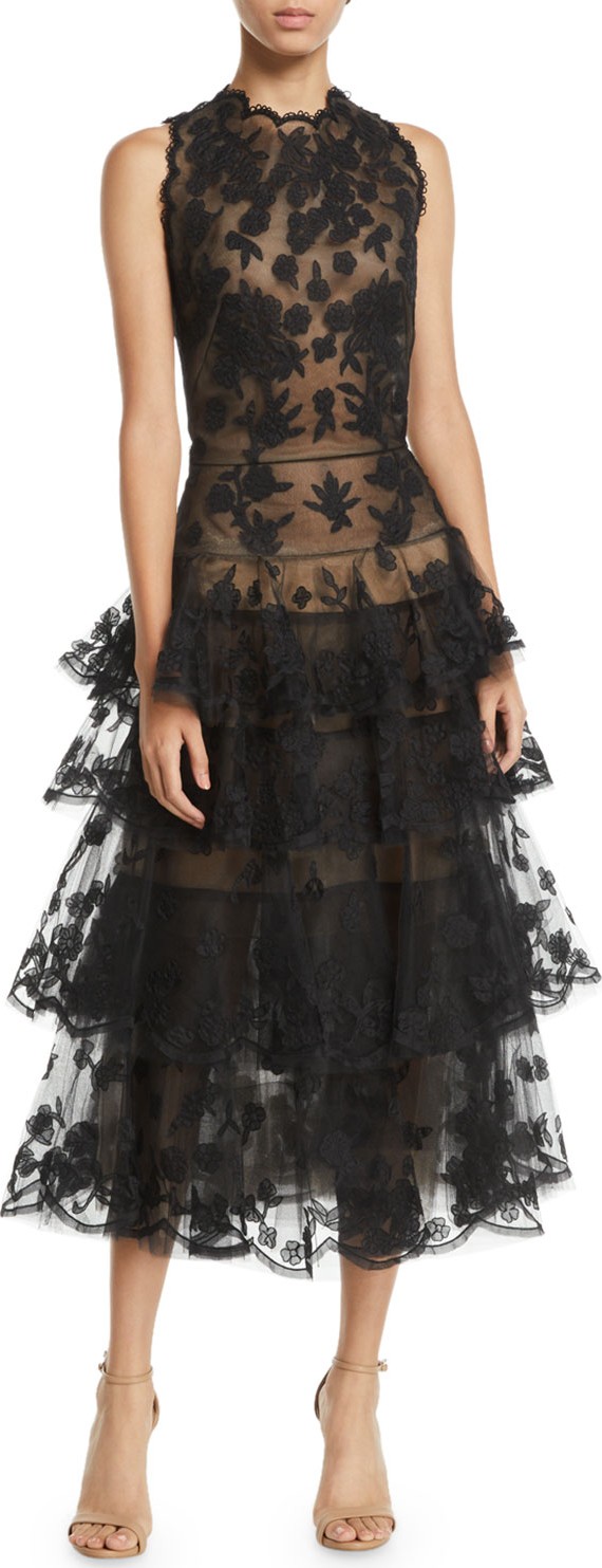 Oscar De La Renta Sleeveless Floral-Embroidered Tiered Tulle Evening Gown w/ Open Back