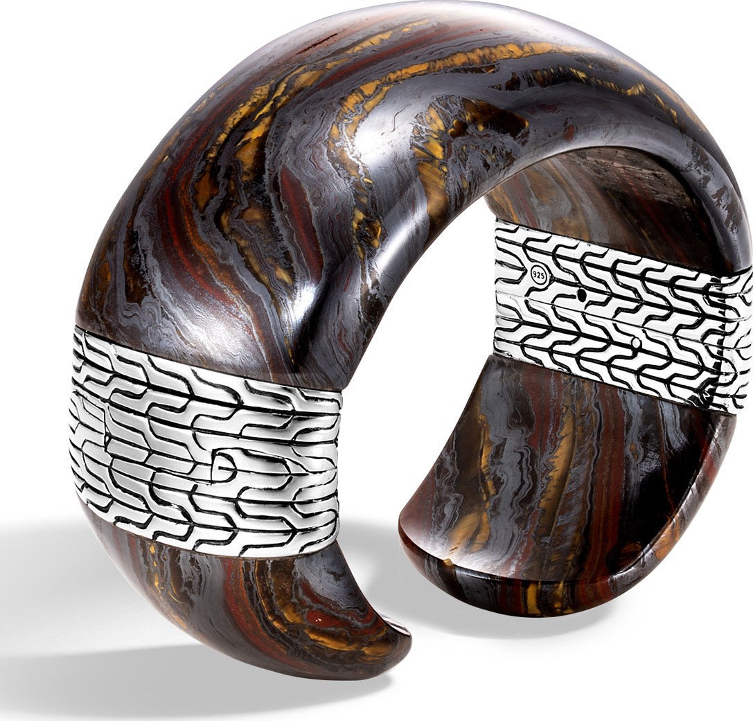 John Hardy Classic Chain Wide Silver Flex Kick Cuff Bracelet with Tiger Iron, Size L