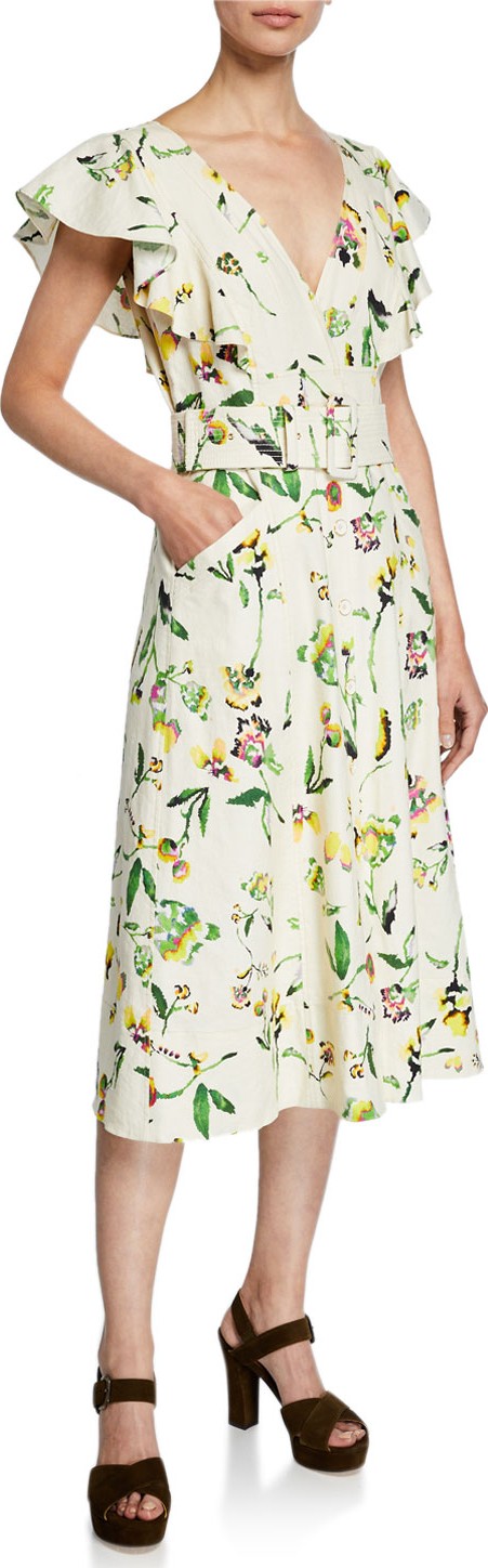 Tanya Taylor Inez Belted Floral Flutter-Sleeve Midi Dress