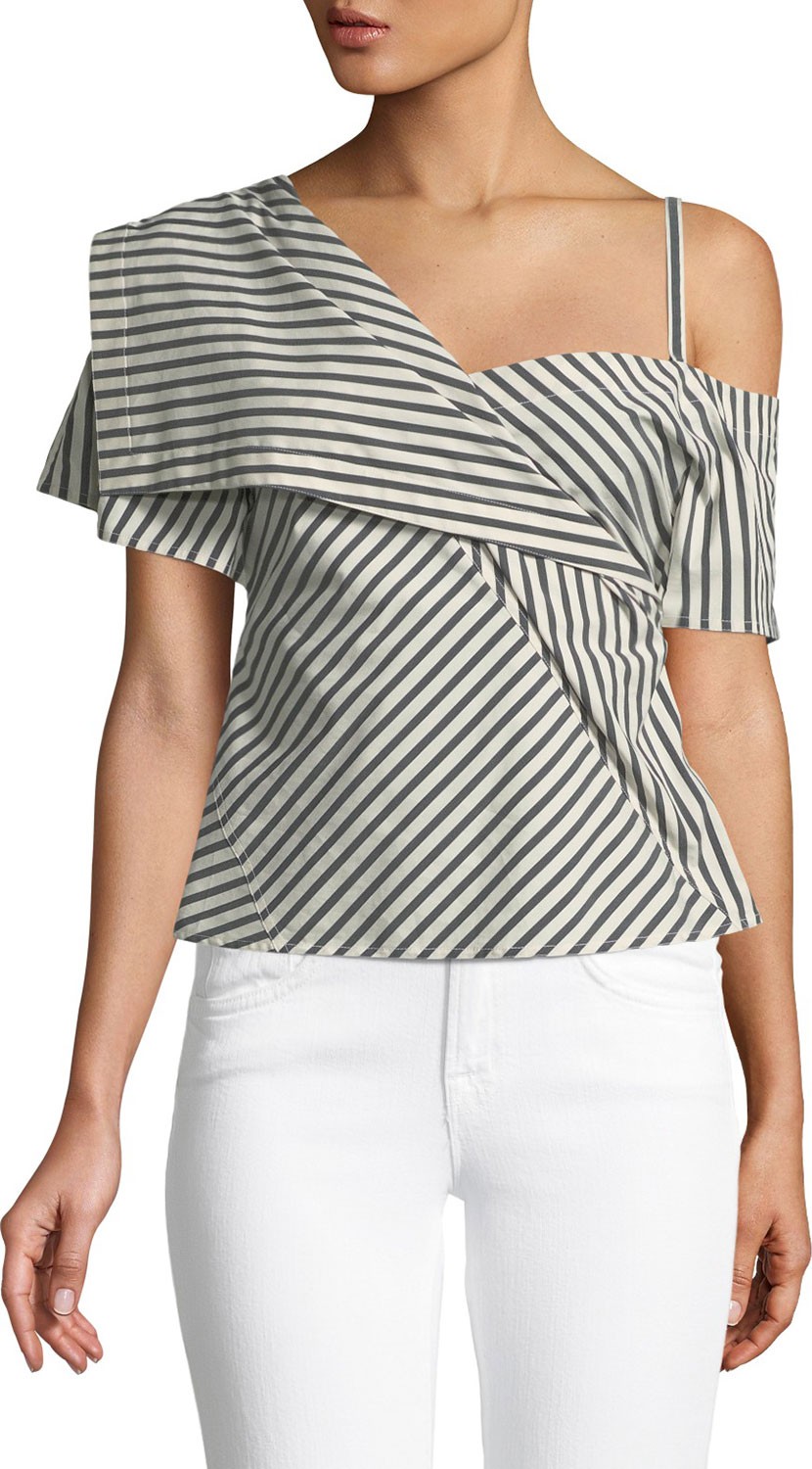 Theory Bryson Striped One-Shoulder Fold-Over Top