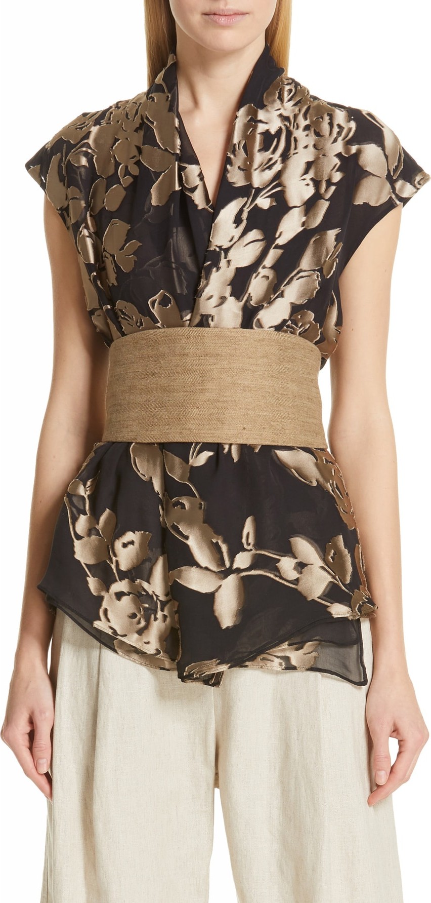 Brunello Cucinelli Foiled Floral Wrap Blouse