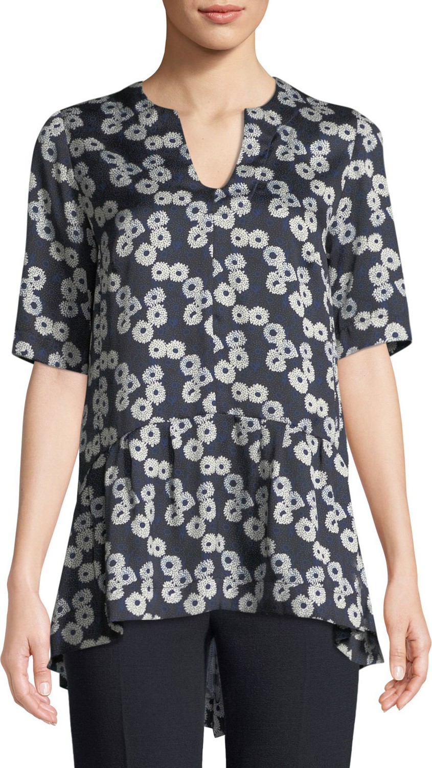 Lela Rose V-Neck Short-Sleeve Floral-Print Flounce-Hem Top