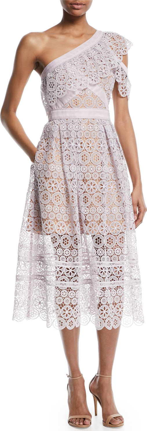 Self Portrait One-Shoulder Floral Lace Midi Cocktail Dress