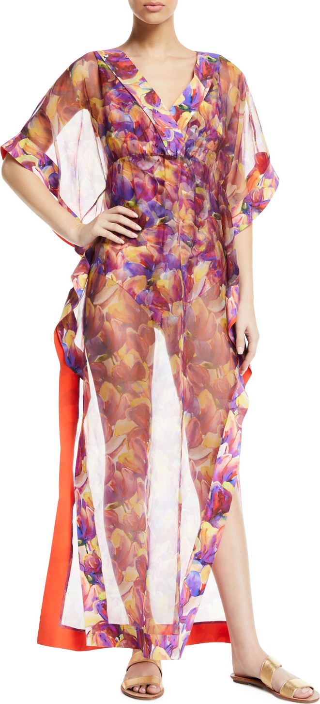 La Petite Robe di Chiara Boni Naia Floral-Print Organza Long Coverup Kaftan