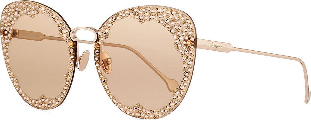 Salvatore Ferragamo Fiore Rimless Cat-Eye Sunglasses w/ Crystal Embellishment