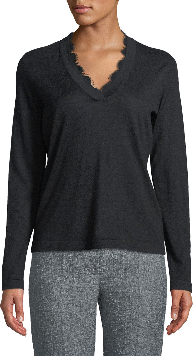 Emporio Armani V-Neck Long-Sleeve Cashmere Sweater w/ Lace Trim