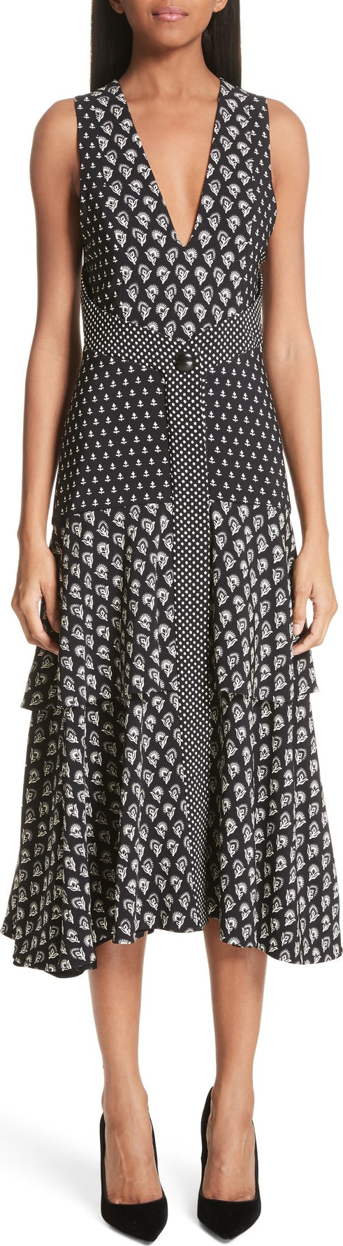 Proenza Schouler Mixed Print Button Detail Midi Dress