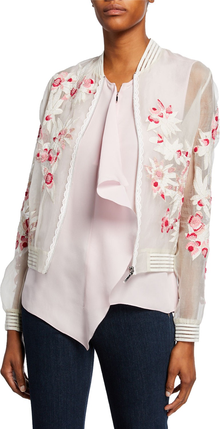 Elie Tahari Brandy Embroidered Silk Bomber Jacket Elie Tahari Brandy Embroidered Silk Bomber Jacket