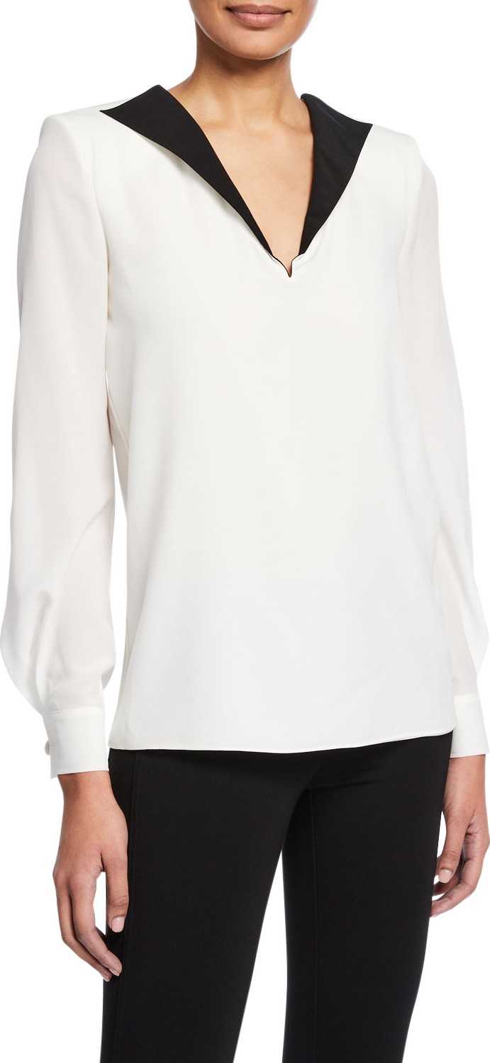 Givenchy Long-Sleeve Bicolor V-Neck Crepe de Chine