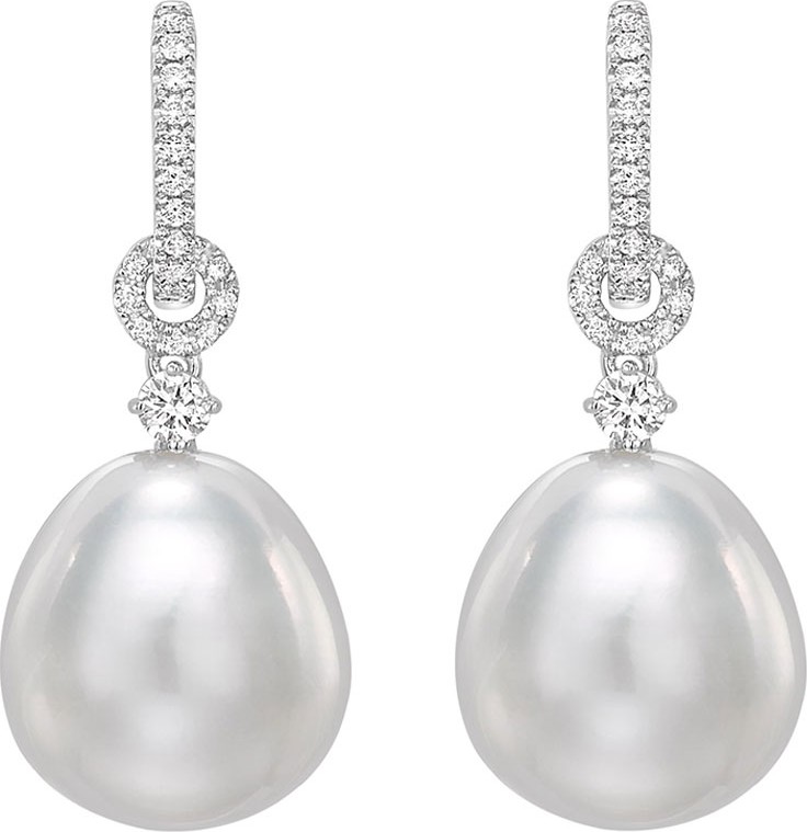 Kiki McDonough 18k White Gold Baroque Pearl Drop Earrings w/ Diamonds