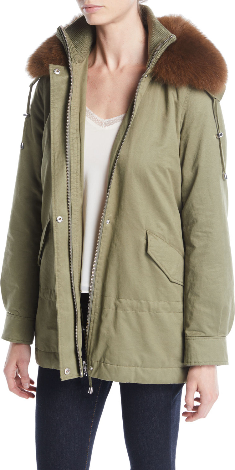 Derek Lam 10 Crosby Long-Sleeve Cinched-Waist Parka w/ Fur Collar