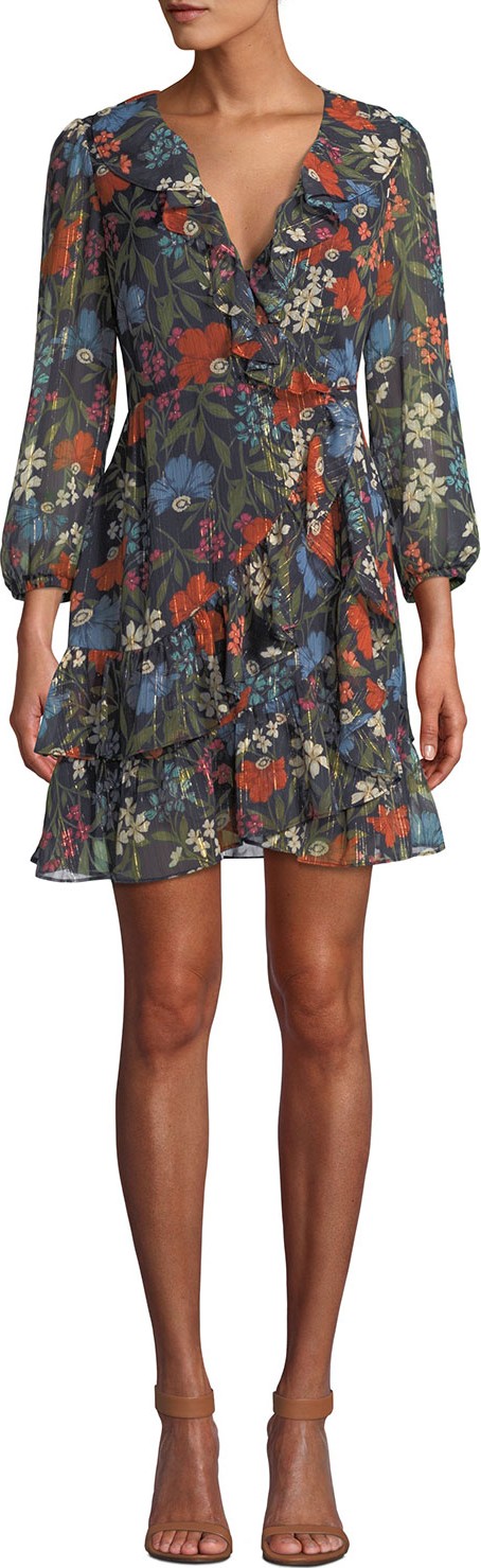 ASTR Cheyanne Floral-Print Ruffle Wrap Short Dress