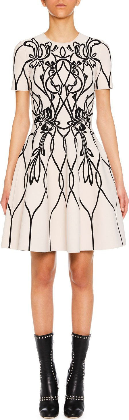 Alexander McQueen Short-Sleeve Graphic-Art Fit-and-Flare Cocktail Dress