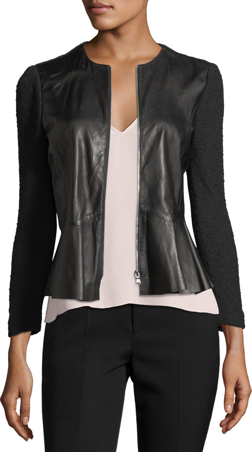 Rebecca Taylor Round-Neck Zip-Front Leather & Knit Jacket