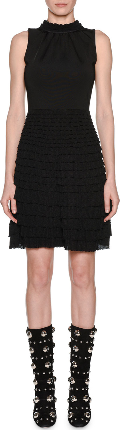 Giambattista Valli Sleeveless Knit Mock-Neck Tiered Ruffled A-Line Dress