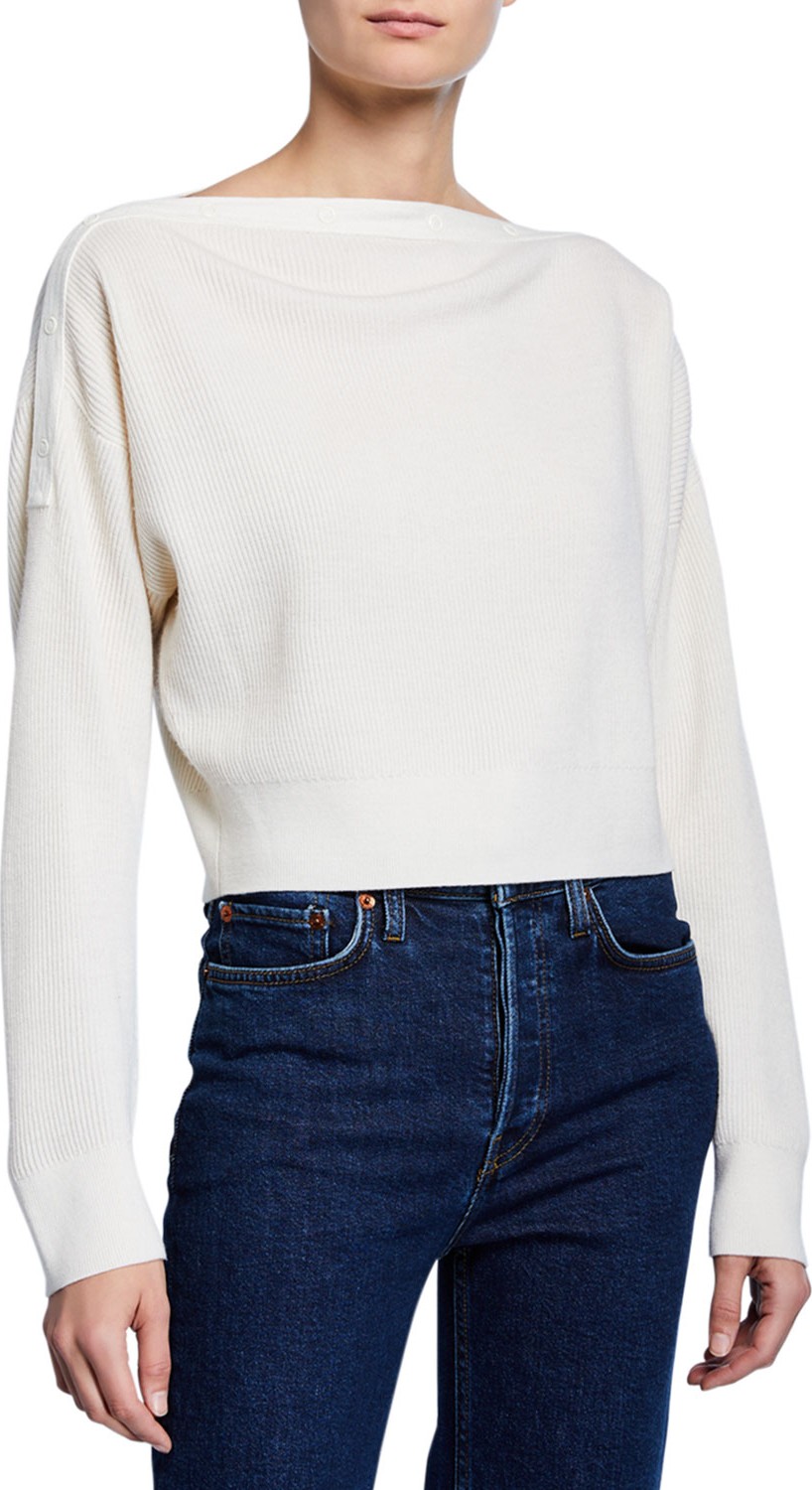 T By Alexander Wang Cropped Boat-Neck Wool Sweater w/ Snaps