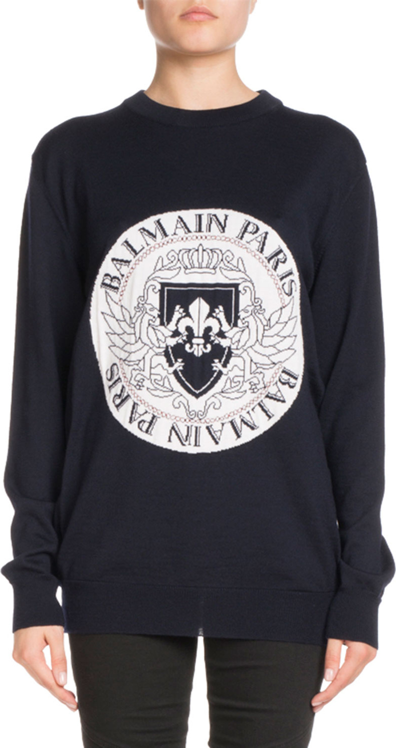 Balmain Crewneck Long-Sleeve Coin Logo Jacquard Sweater