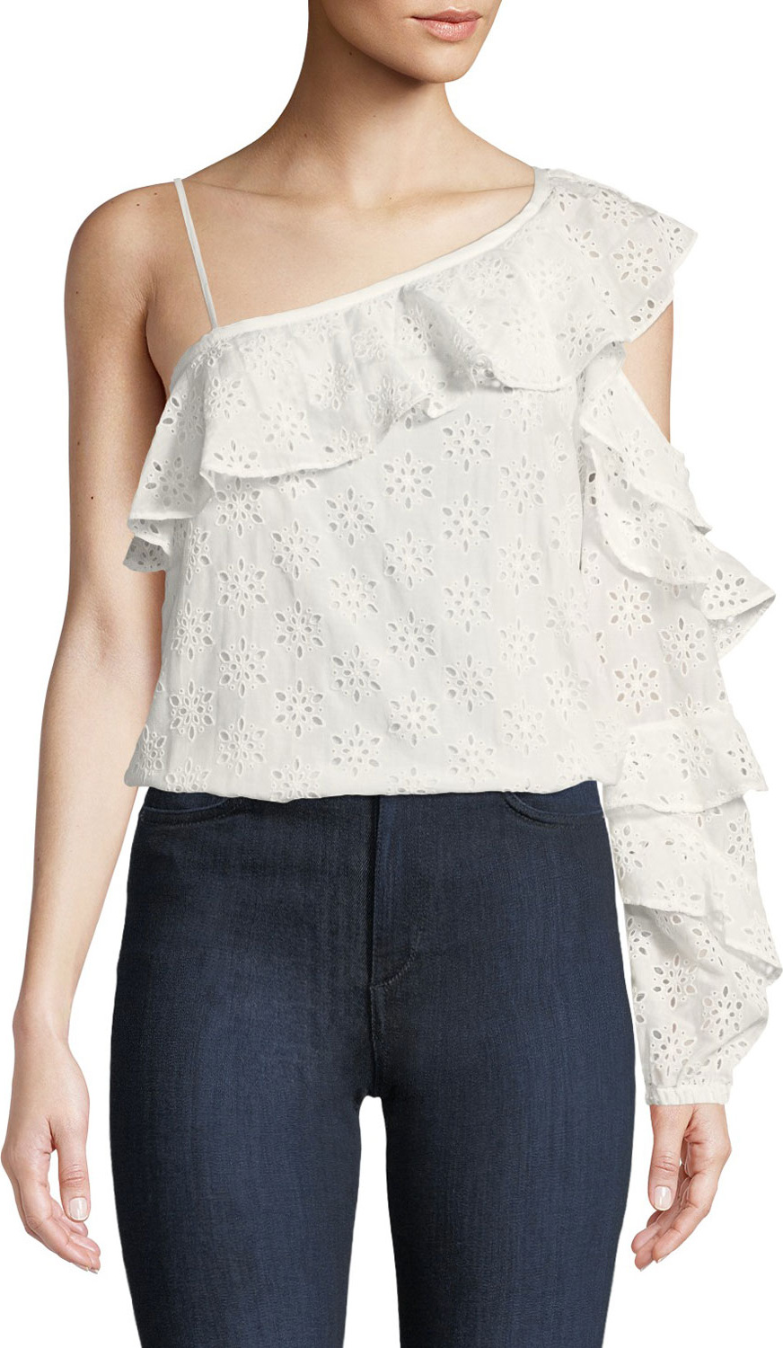 Robert Rodriguez One-Shoulder Eyelet Cotton Ruffle Blouse