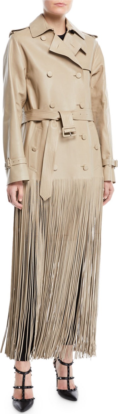 Valentino Double-Breasted Belted Fringe Hem Leather Trench Coat