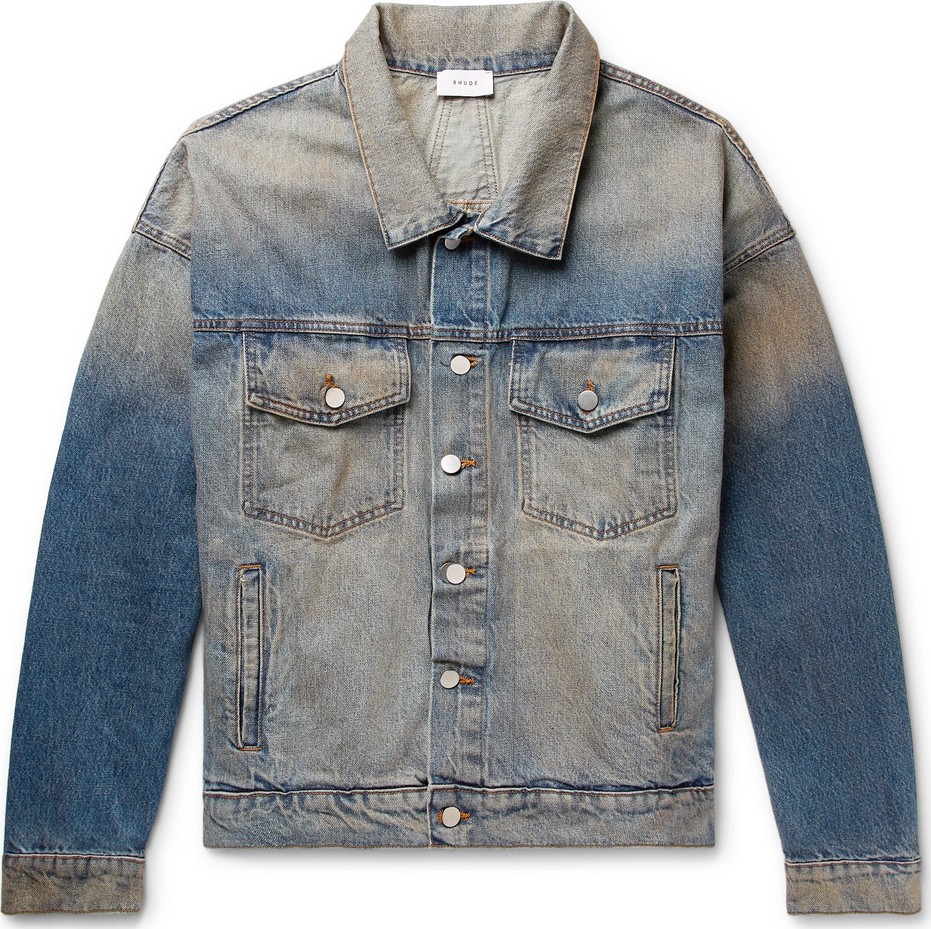 RHUDE Oversized Suede Elbow-Patch Distressed Denim Jacket