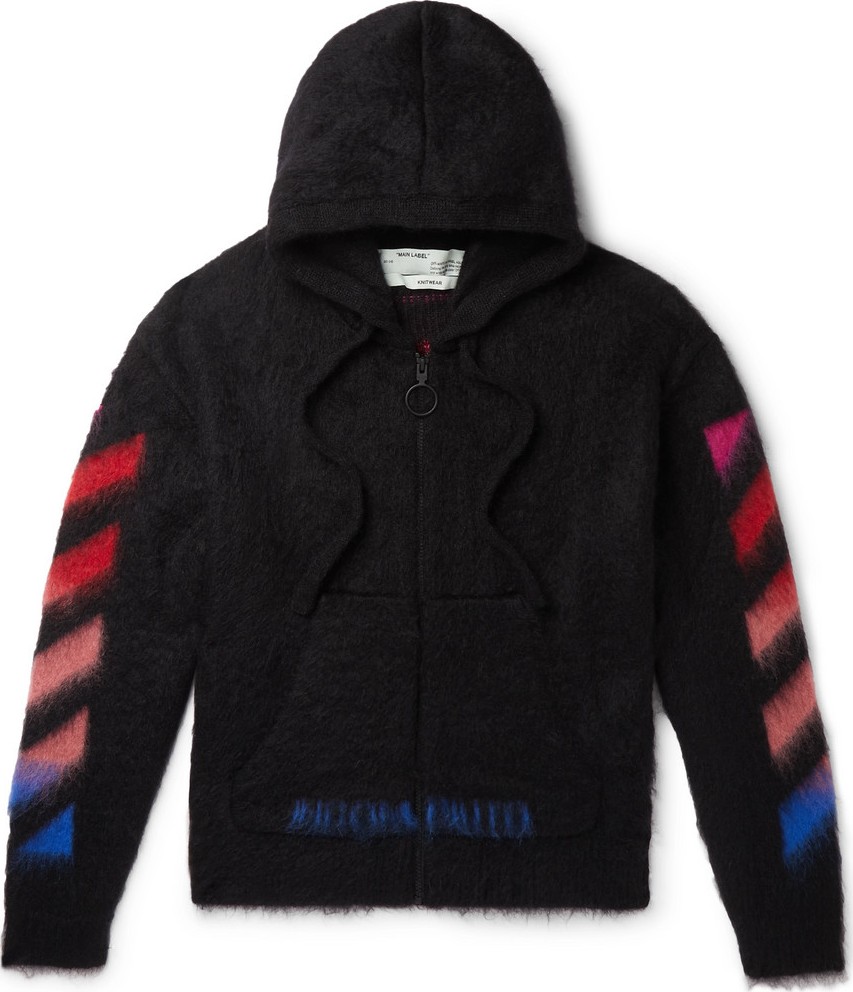 Off White Printed Brushed Mohair-Blend Zip-Up Hoodie