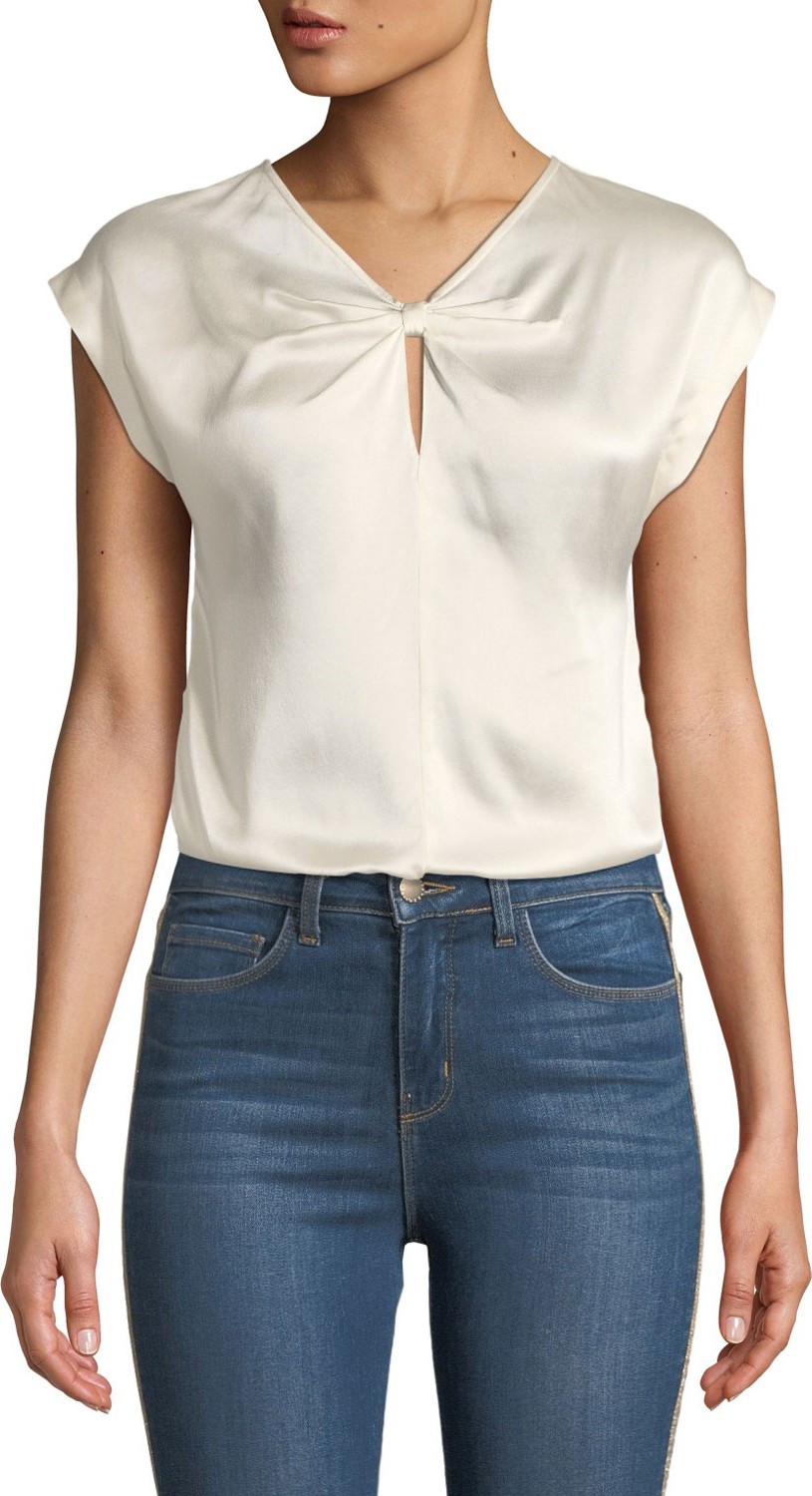 Rebecca Taylor Knot-Front Sleeveless Charmeuse Blouse