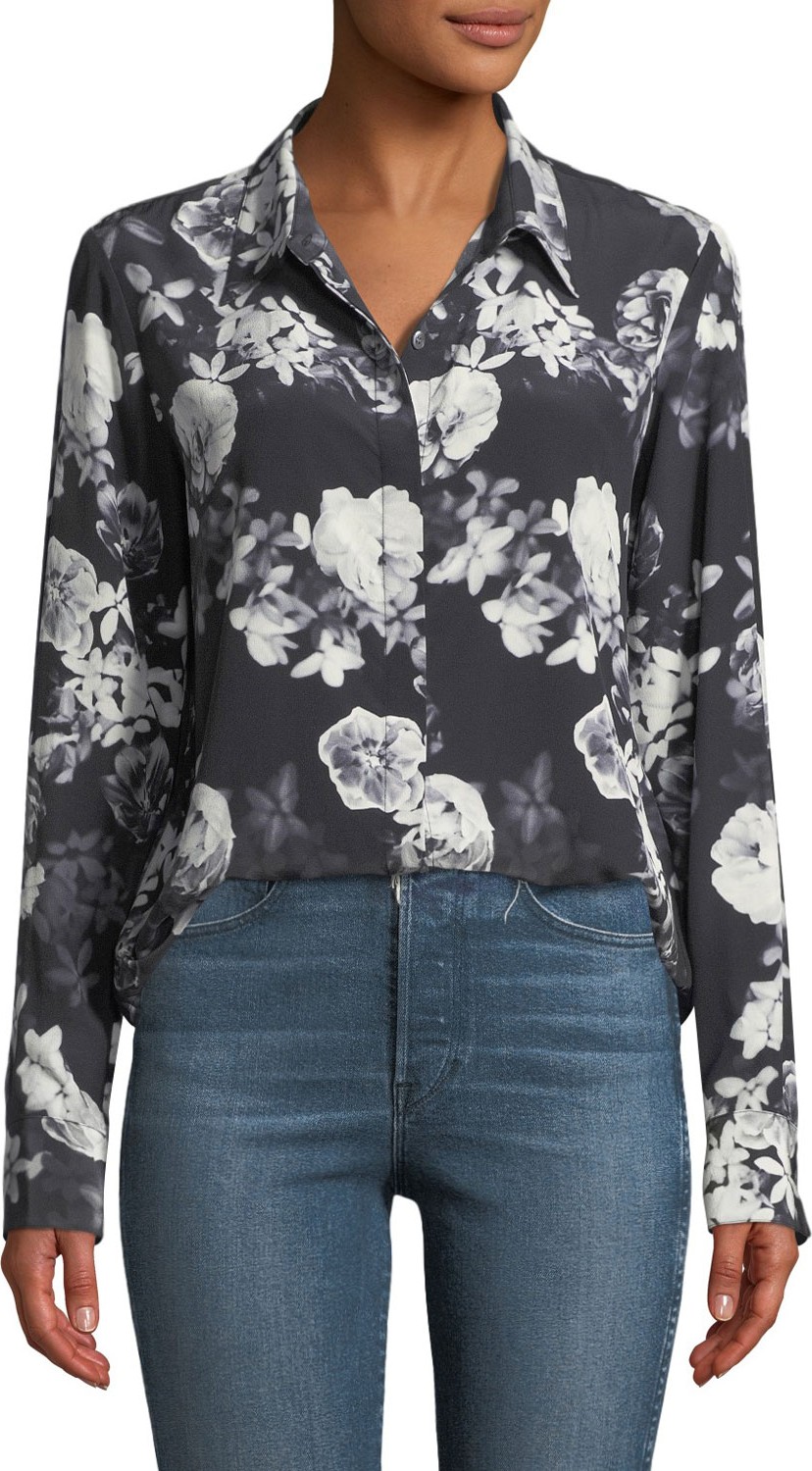 Theory Sunaya Floral Photo Button-Front Silk Blouse