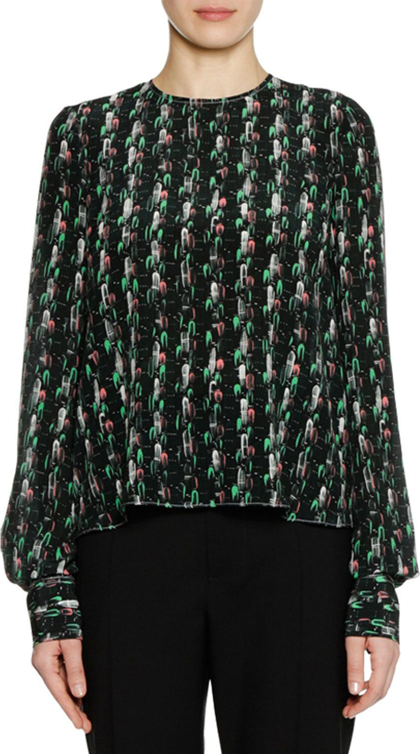 Marni Long-Sleeve Crewneck Abstract-Print Silk Woven Blouse