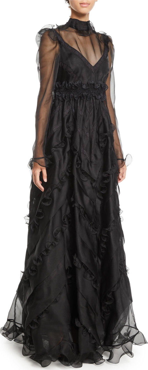Valentino Long-Sleeve High-Neck Ruffled Organza Evening Gown