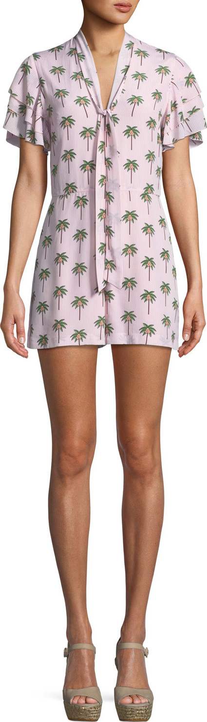 Alice + Olivia Macall Ruffle Short-Sleeve Palm-Tree Print Romper