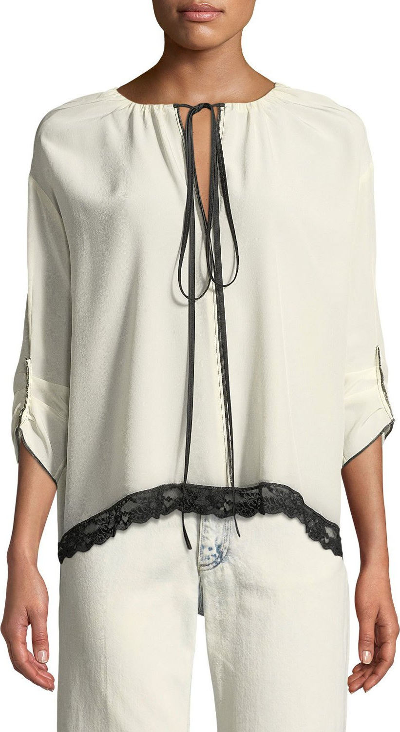 MARC JACOBS 3/4-Sleeve Tie-Neck Silk Blouse w/ Lace Trim