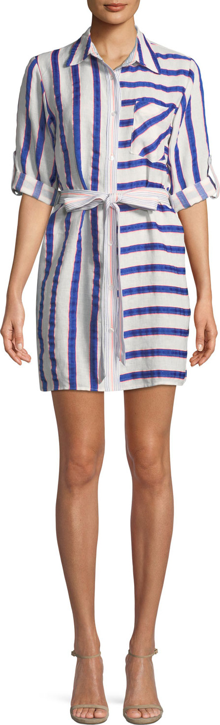 MILLY Split-Striped Tie-Waist Linen-Stretch Shirt Dress