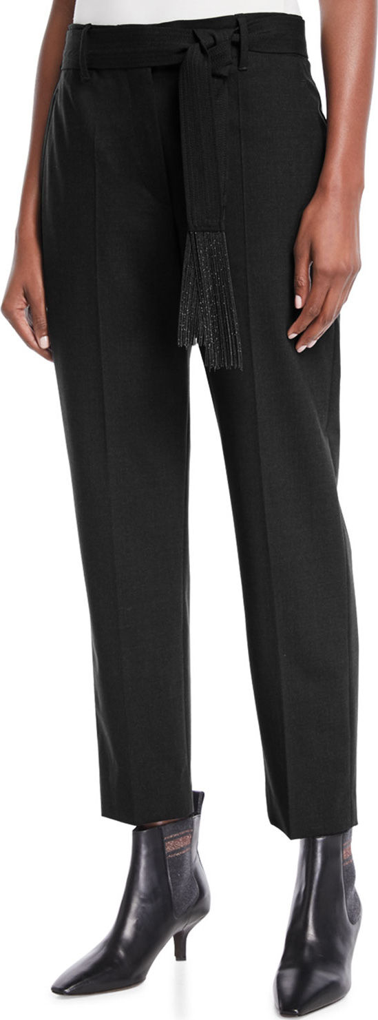 Brunello Cucinelli Lightweight Wool-Blend Relaxed-Leg Pants w/ Monili Belt
