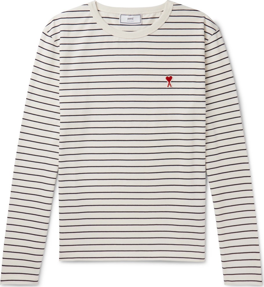 AMI Striped Logo-Appliquéd Cotton-Jersey T-Shirt