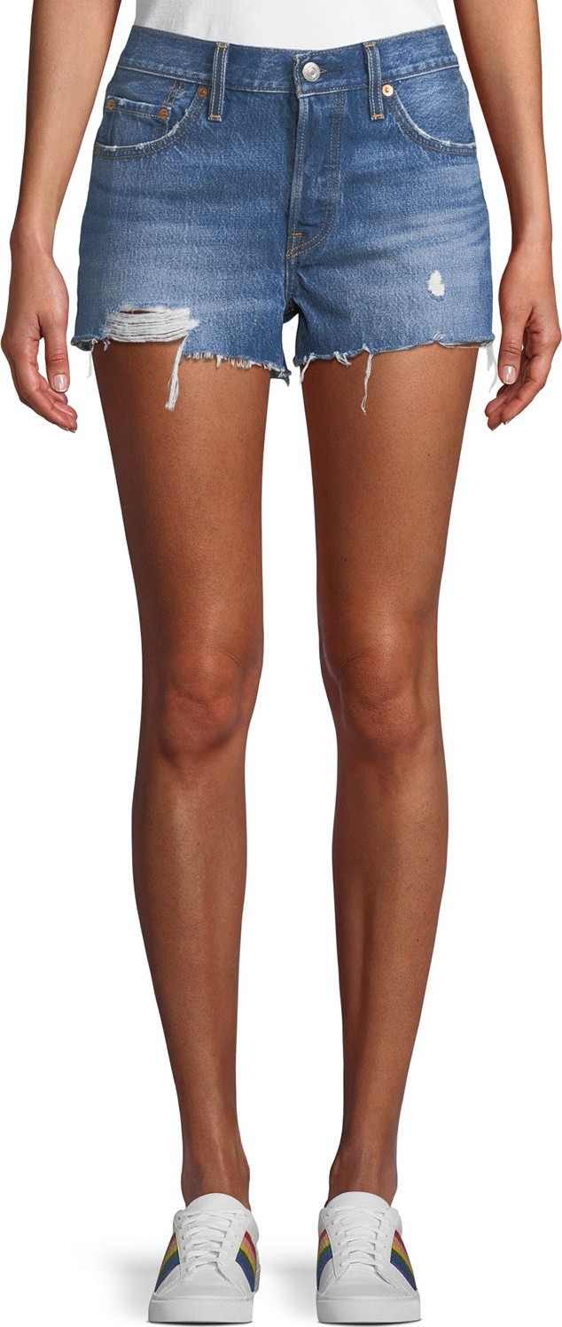 LEVI’S 501 Embroidered Raw-Edge Denim Shorts