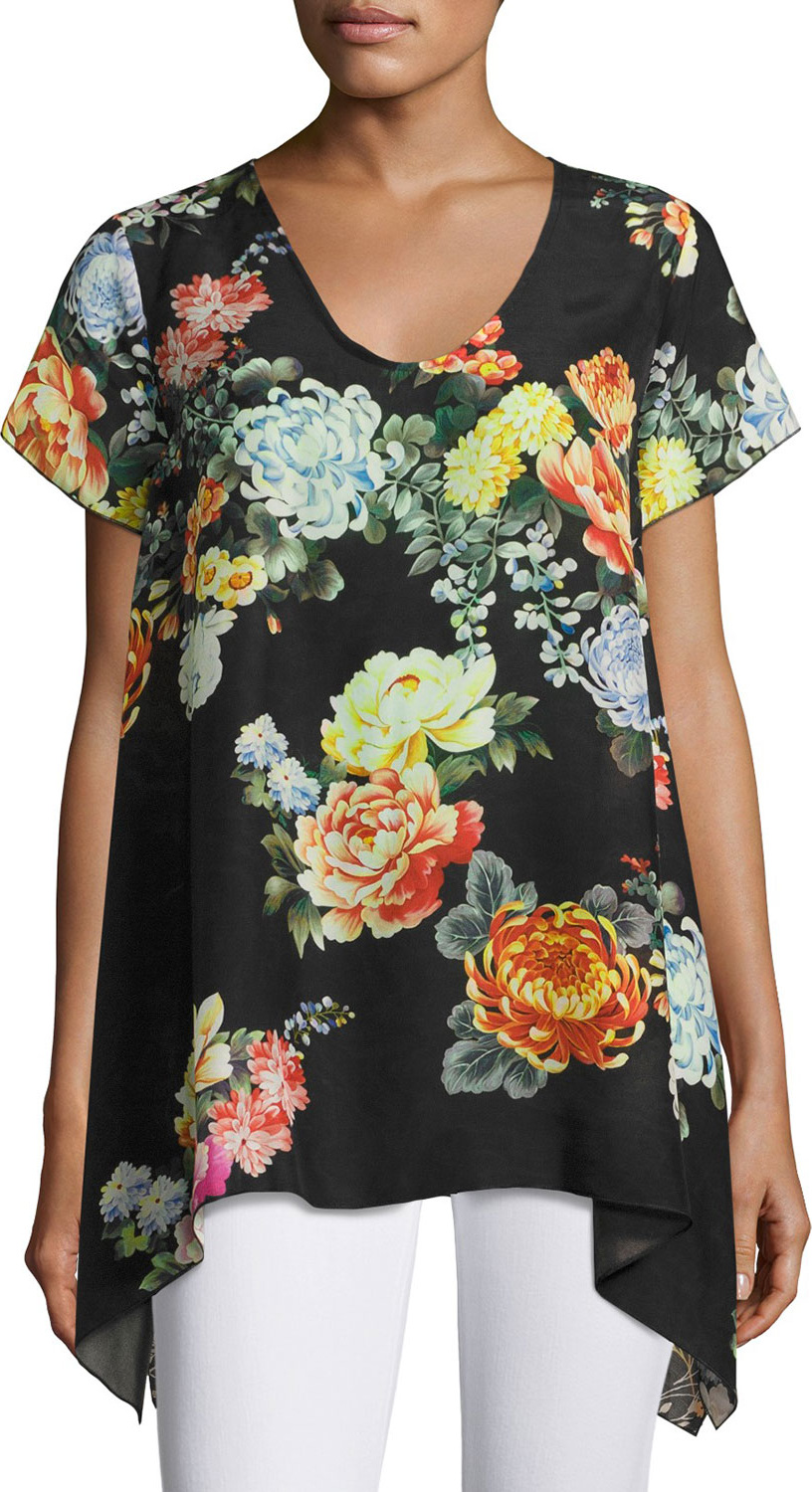 Johnny Was Ziara Printed Handkerchief-Hem Tunic, Black