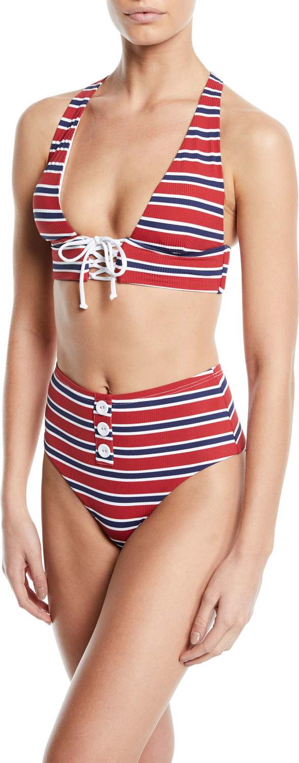 Onia Victoria Striped Lace-Up Bikini Swim Top