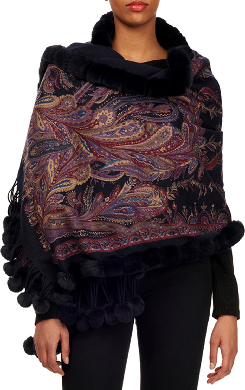 Gorski Paisley Double Face Cashmere Stole w/ Fur Trim